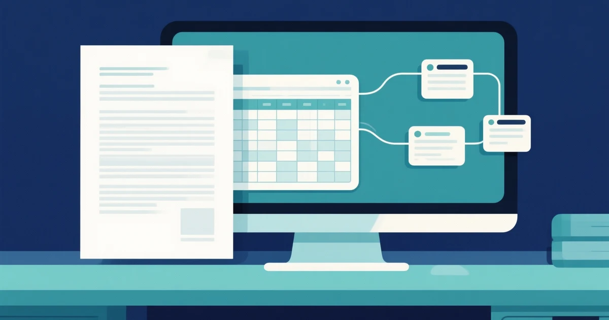Documents, a spreadsheet, and connected task cards in an illustrated agent workspace