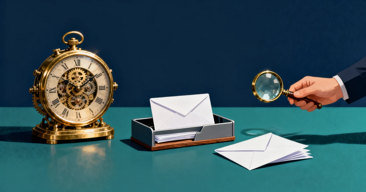 A clock, inbox tray, and magnifying glass illustrating reminder delivery and verification