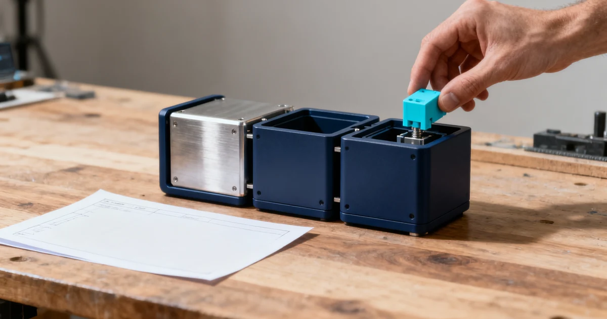 A small cyan component being fitted into a modular frame on a workbench
