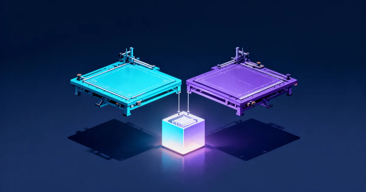 Two separate work platforms connected to a shared archive, an AI-generated concept illustration of Git worktrees