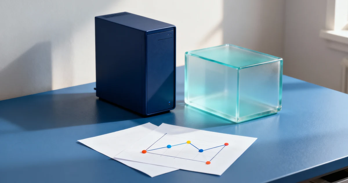 A navy computing tower, a glass block, and a chart on a blue desktop