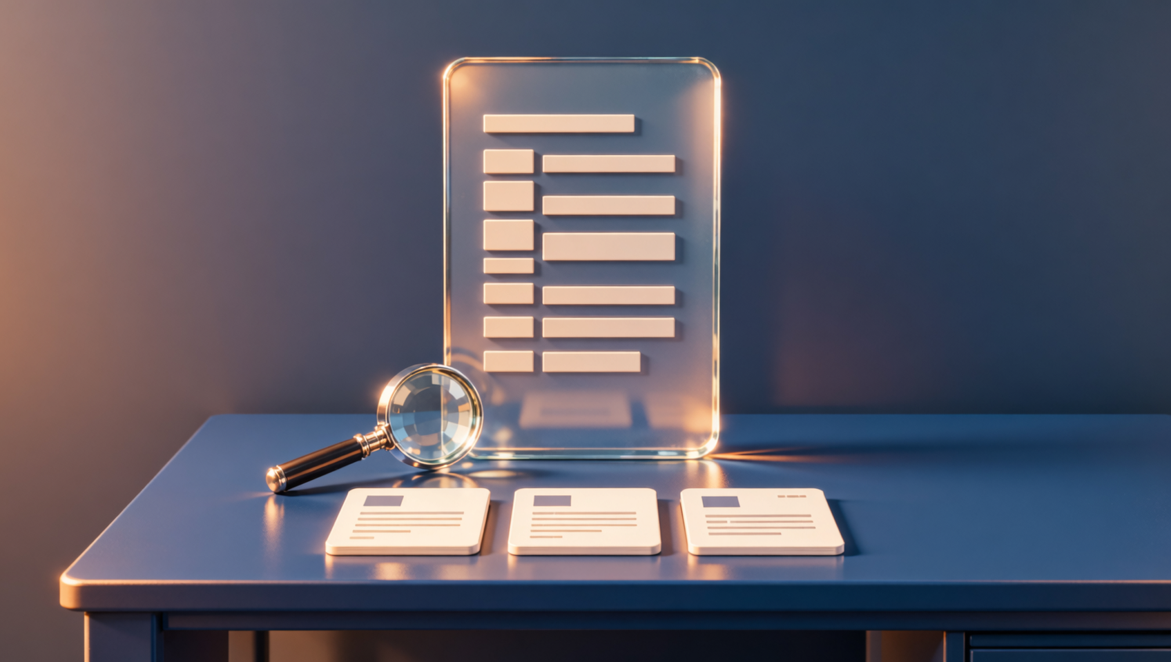 Conceptual illustration of a field panel, an optical loupe, and three data cards on a blue desk.