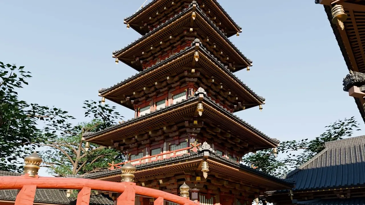 Pagoda with layered roofs, timber details and surrounding foliage in Google's Argon 3D demonstration preview.