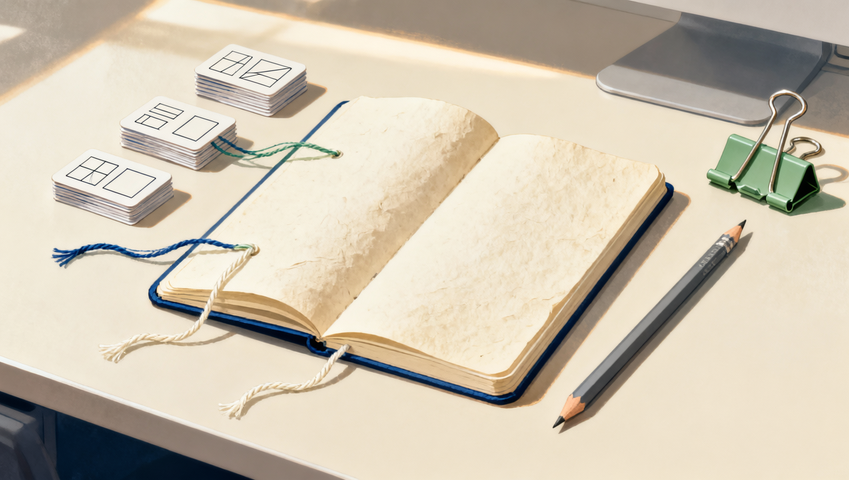 Illustration von Notizen und Quellenkarten, die auf einem Tisch zu einem Projektbriefing geordnet werden.