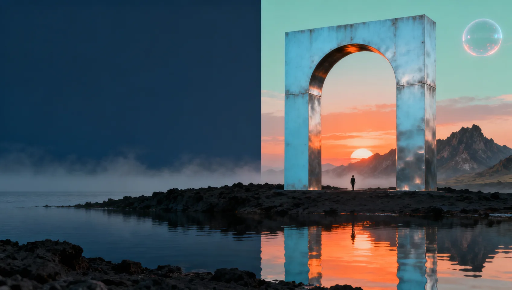 A blue sculptural arch frames a warm sunset over a quiet island and reflected water.