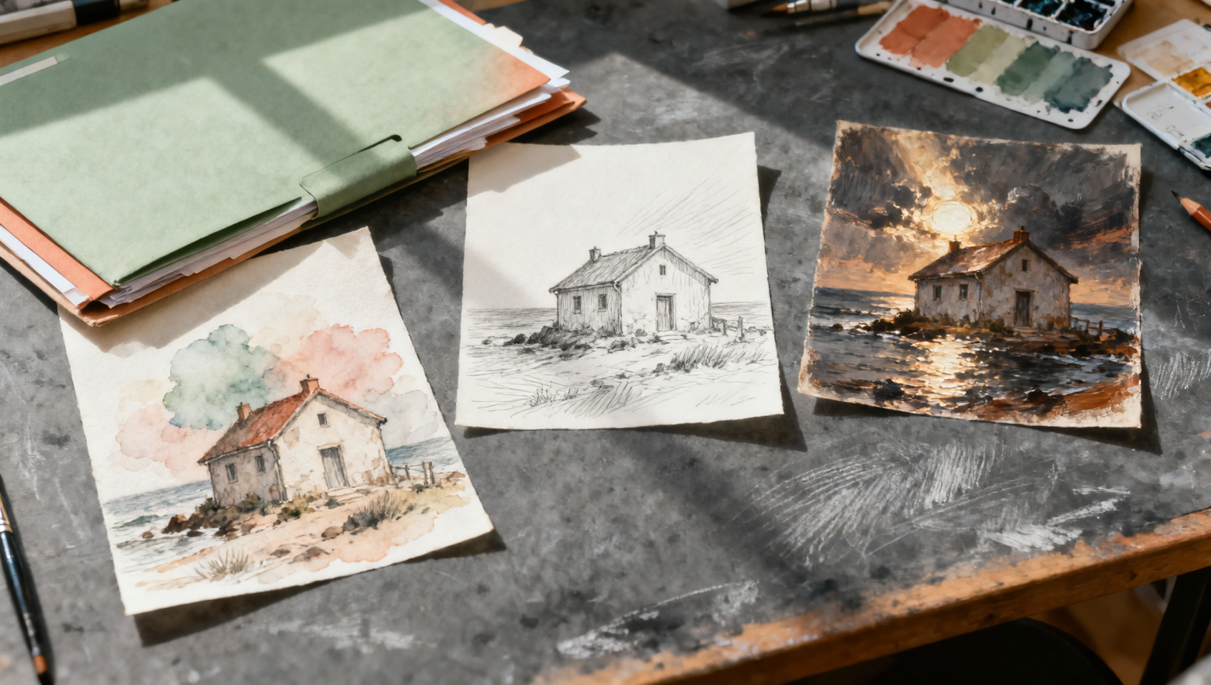 Illustration von drei Landschaftsstudien, Materialmustern und geordneten Mappen auf einem Tisch.