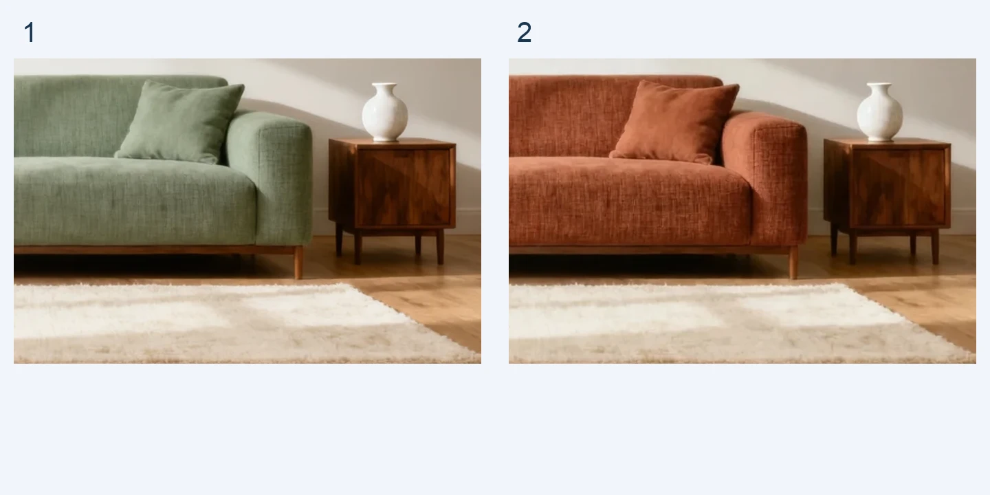 Side-by-side crops showing the sofa cushion, arm and side table before and after the illustrative edit