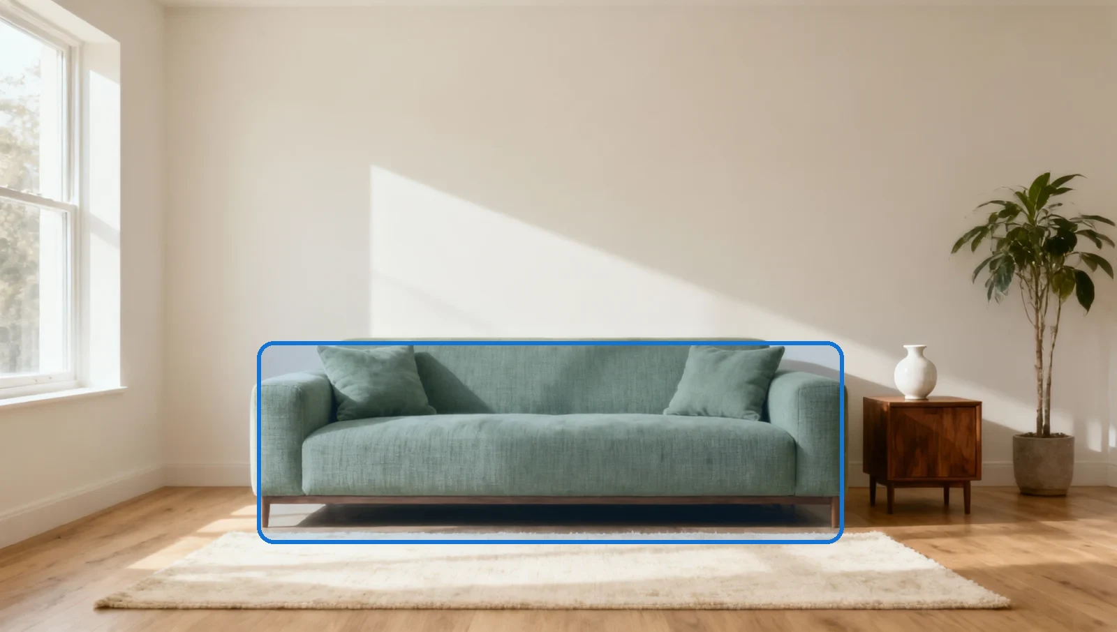 Blue annotation marking the sofa region on the original room illustration