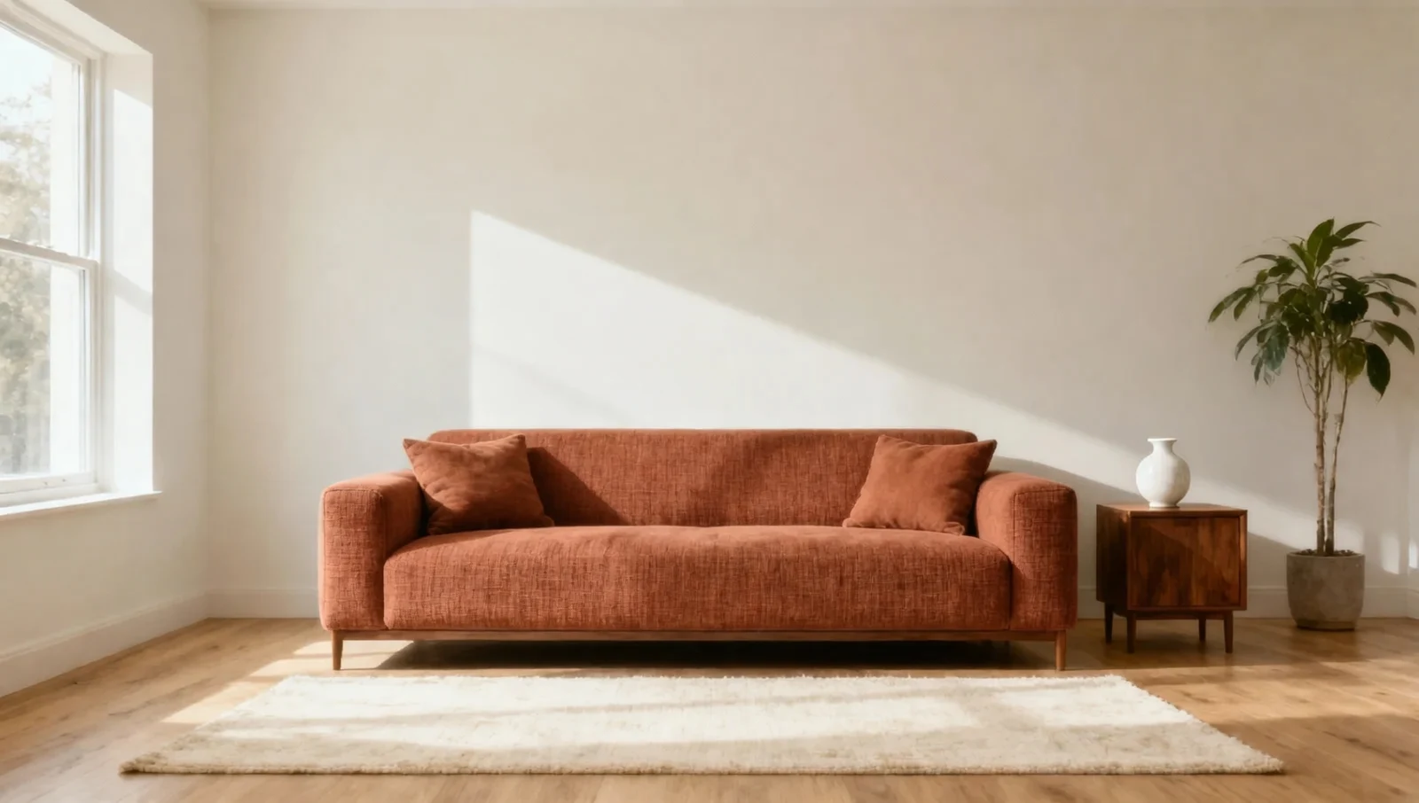 Rust-colored sofa in the illustrative room after a Wan image edit