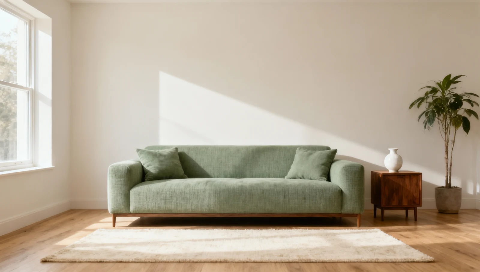 Sage sofa, window, wooden side table and plant in a sunlit room