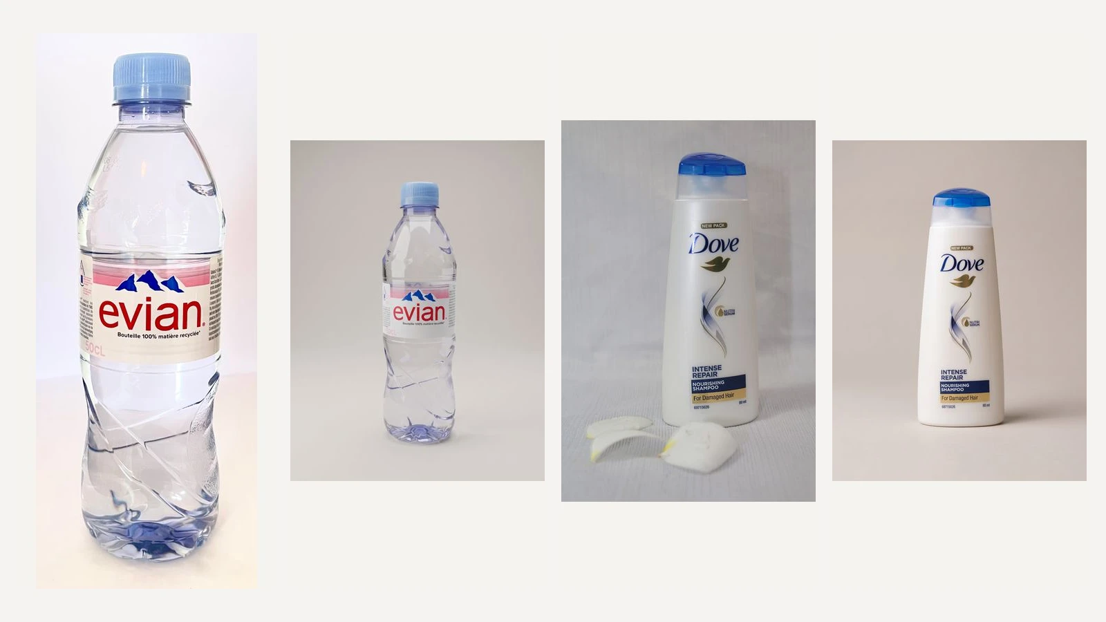 Evian and Dove product photographs beside their generated studio-background edits