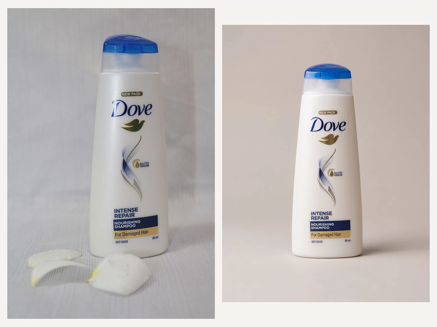 Dove shampoo bottle before and after the same background edit