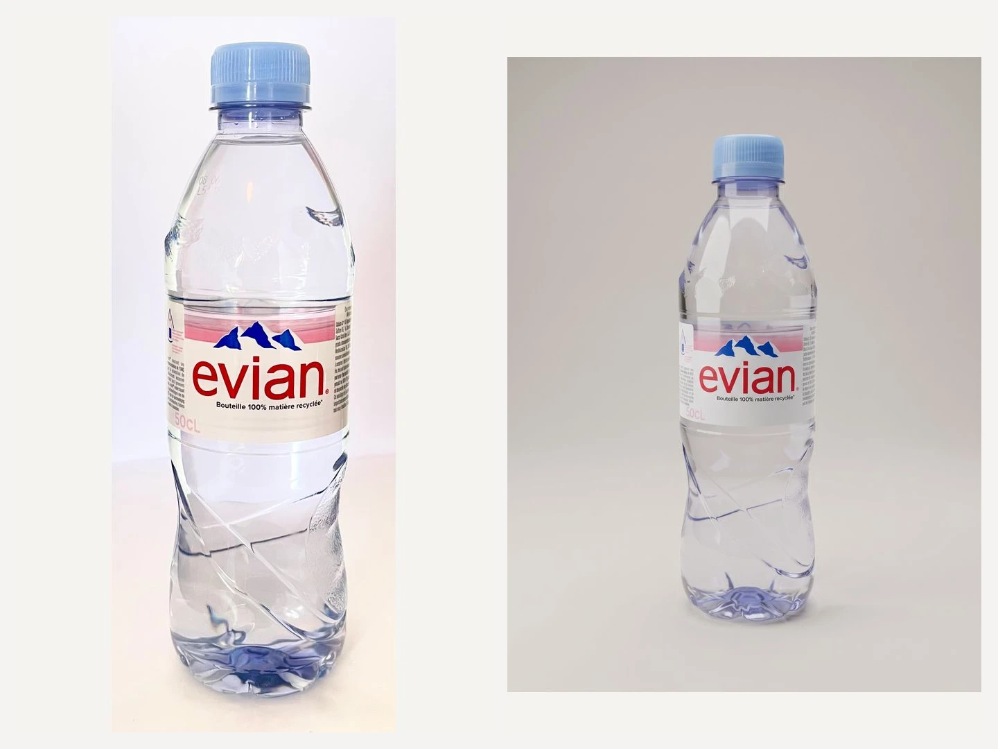 Evian bottle before and after the Nano Banana studio-background edit
