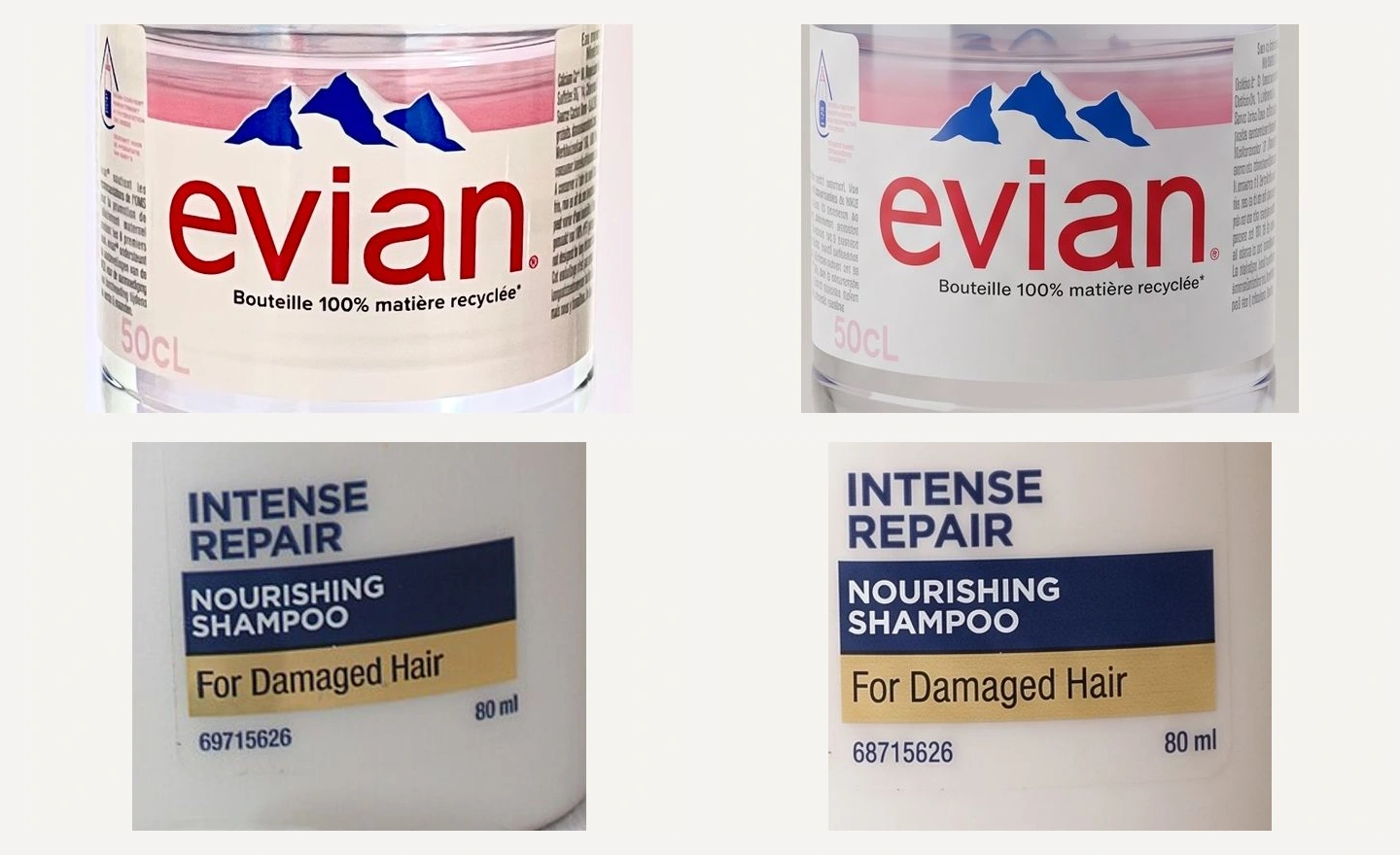 Original and generated Evian labels and Dove labels; the small Dove numeric code differs