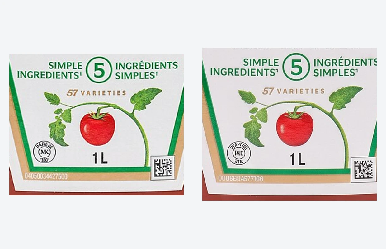 Enlarged label crops: source on the left, generated output on the right. Resized proportionally; no retouching.