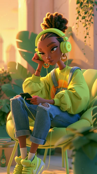 a cute african lady 3d character chilling with lime headphon